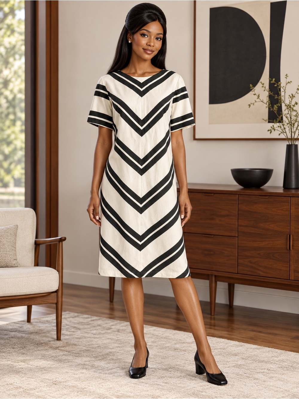 Vintage Classic Chevron Shift Dress in Cream and Black Mod